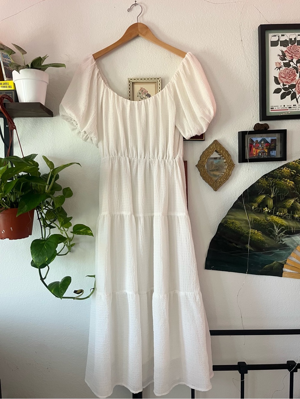 ASTR The Label White Tiered Midi Dress - Small - Cottagecore Boho Puff Sleeve
